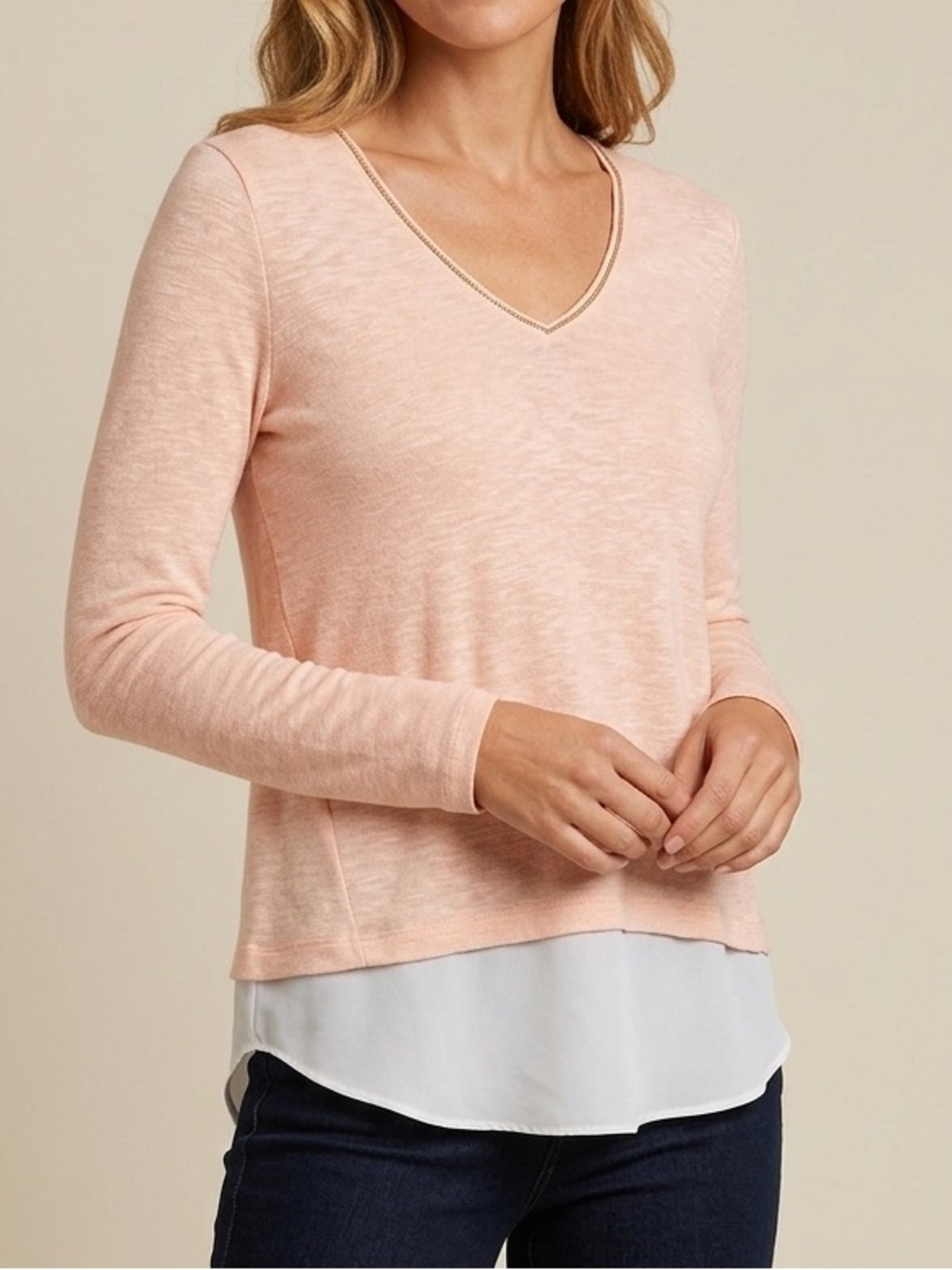 NEW White House Black Market Top SMALL pink V-Neck Layered Hem